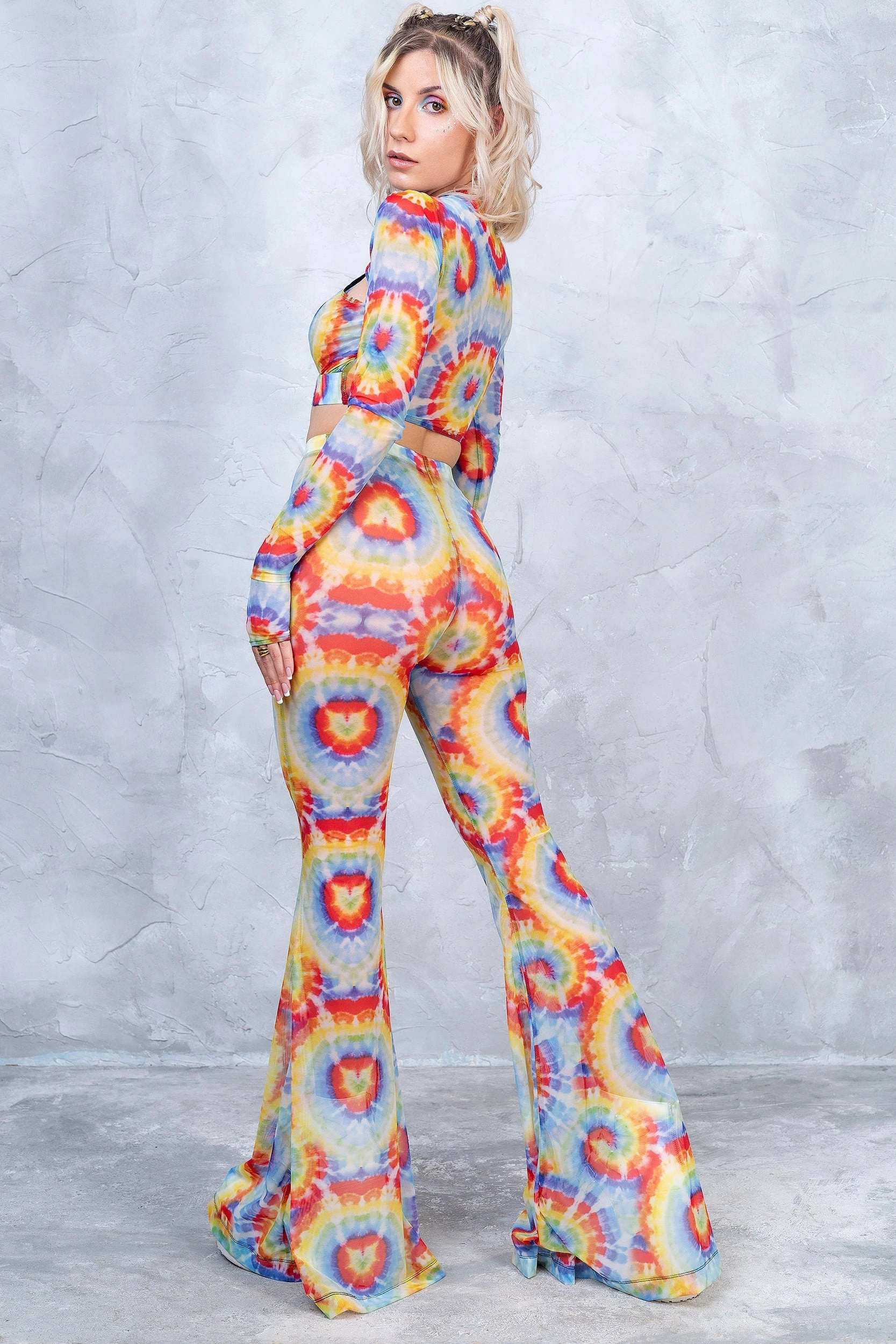 Badinka Tie Dye Bell Bottom Mesh Pants - Image 2