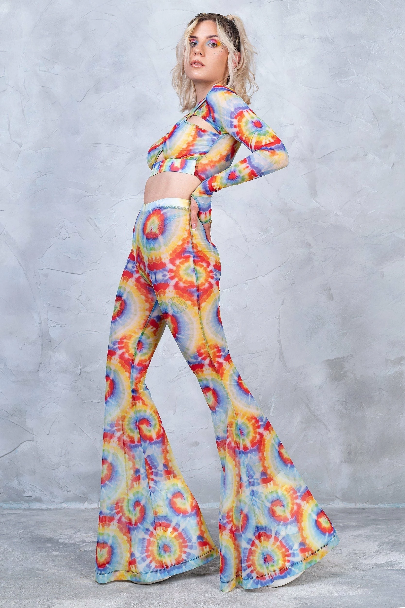 Badinka Tie Dye Bell Bottom Mesh Pants